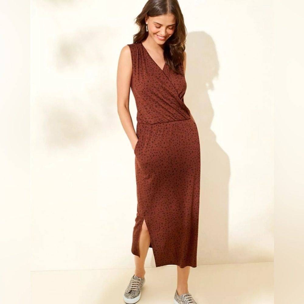 Garnet Hill‎ Everyday Knit Midi Dress in Brown Animal Print size medium